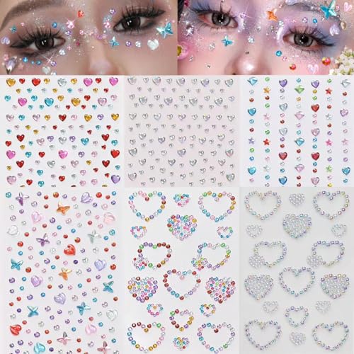 6Sheets Face Gems Stickers Self-Adhesive Hair Jewels Stickers Butterfly Heart Diamonds Mixed Colors Sparkly Rhinestone for Women Eye Face Makeup