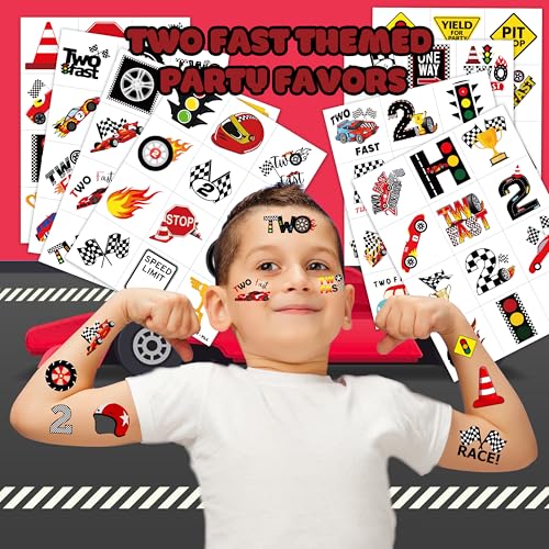 96 PCS Two Fast Race Car Pre-CutTemporary Tattoos Stickers Theme 2nd Birthday Party Decorations Favors Supplies Decor 2 Fast Racing Checkered Tattoo Sticker Gifts For Boys Girls School Prizes