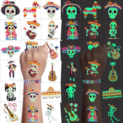 Day of the Dead Face Tattoos, Day of the Dead Decorations Party Favors Glow, Dia De Los Muertos Sugar Skull Temporary Tattoos for Kids, Day of the Dead Crafts Decor