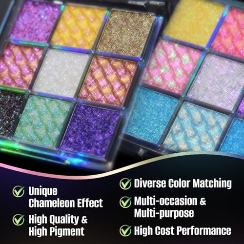 9 Color Multichrome Eyeshadow Palette,Sparkling Chameleon Glitter Shifting Eye Shadow, High Pigmented Waterproof Long-Lasting Vegan Makeup Palette (01) (02)