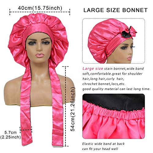 Satin Bonnet with Tie Band Adjustable Silk Bonnet Sleep Cap for Braids double layer with Tie for Sleeping (Hot Pink +Black)
