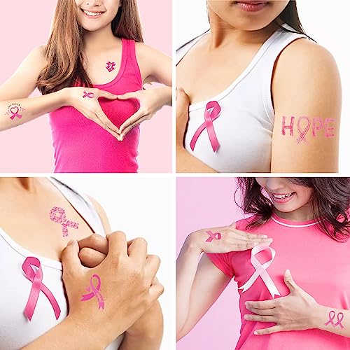 Breast Cancer Tattoos, 10 Sheets 68 Pcs Pink Ribbon Breast Cancer Awareness Temporary Tattoos for Face Arms and Hands, 4.7" x 2.7" Breast Cancer Face Tattoos for Walks Runs Fundraising Events