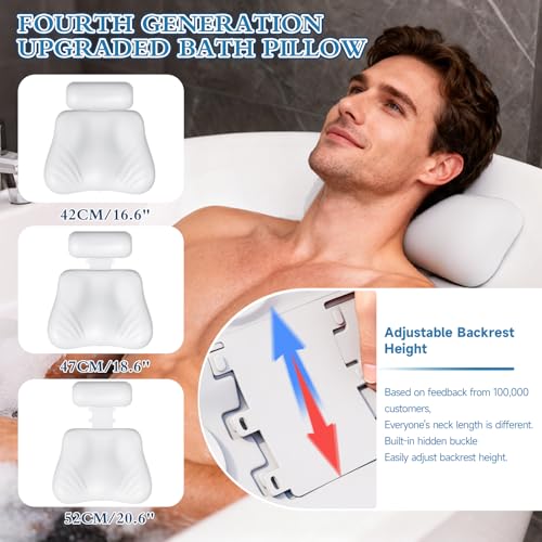 Upgraded Silicone Bath Pillow, 4D Press Inflatable Airbag and Non-Slip Large Suction Cups, Adjustable Head Neck and Back Support, Comfortable Luxury Bath Pillows for Tub, Bath Spa Accessories White