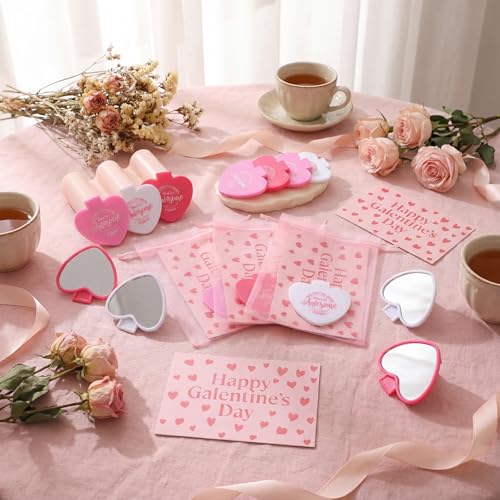 Thyle 36 Set Galentines Gift Heart Mirror Compact Bulk with Valentine Cards and Organza Bags Heart Shaped Mini Pocket Small Folding Makeup Portable Travel Purse Hand Mirror for Valentine Party Favor