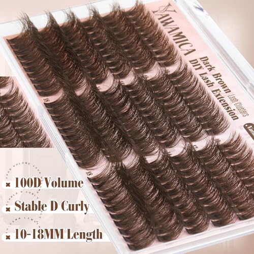 Yawamica Brown Fluffy Lash Clusters 100D Volume Wispy Eyelash Clusters 10-18mm D Curl Eyelash Extensions Individual Lashes Dark Brown Cluster Lashes DIY Brown Lash Extension by Self