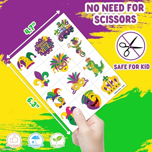 96 PCS Happy Mardi Gras Pre-Cut Temporary Tattoos for Kids | Super Cute Themed Birthday Party Favors, Supplies, Decorations, Festival Fake Tattoo Stickers, School Rewards Prizes & Gifts Boys & Girls
