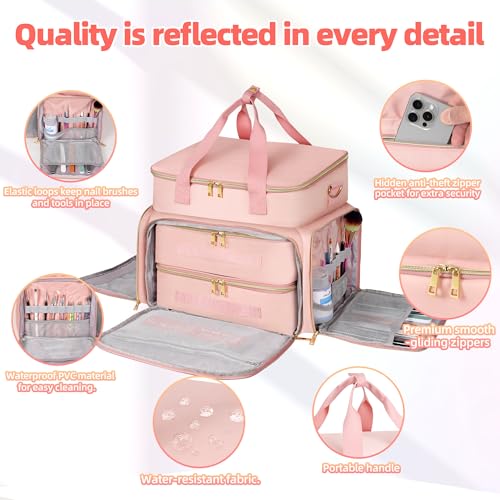 DERSTUEWE Nail Polish Organizer Case ? Waterproof Travel Bag with Hard Bottom ? Double Layer Nail Storage Bag with Adjustable Dividers & Nail Lamp Compartment (Pink)