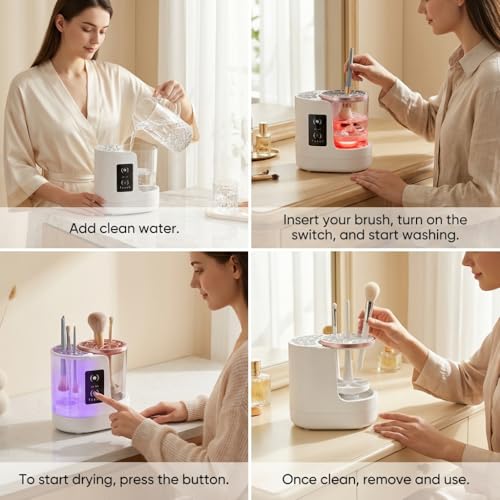 3-in-1 Electric Makeup Brush Cleaner with Air Drying Fan, Automatic Wash & Rinse, USB Powered, Designed for Single-Ended Brushes