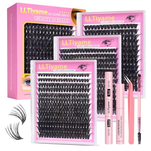 728Pcs Fluffy Lashes Cluster Kit Extensions Eyelash Kit with Bond&Seal 60D+80D+100D Thick Volume Eyelash Clusters Kit D Curl Volume False Eyelashes DIY Individual Wispy Fake Eye Lashes Combo
