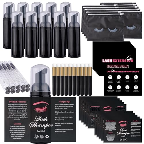 60pcs Lash Extension Cleaning Kit for Clients,10pcs Lash Brushes,10pcs Eyelash Cleaning Brush with Tubes,10pcs Lash Bottles,10pcs Eyelash Bags,10pcs Lash Shampoo Stickers,10pcs instruction card(Black)