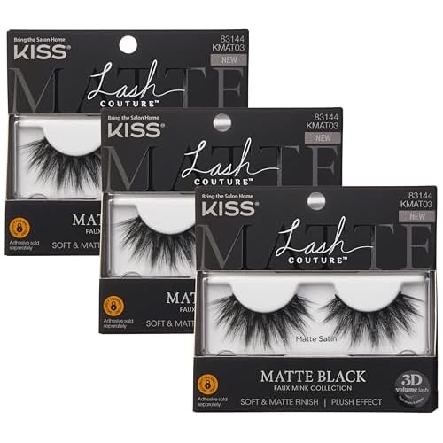KISS Lash Couture 3D Matte False Eyelashes, Matte Satin', 16 mm, Includes 1 Pair Of Lash, Contact Lens Friendly, Easy to Apply, Reusable Strip Lashes (Pack of 3)