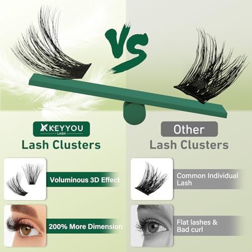 KEYYOULASH Lash Clusters 3D Effect Eyelash Clusters 280pcs 80D D Curl 9-18MIX Individual Lashes Natural Wispy Lashes Volume Cluster Eyelash Extensions Natural Soft DIY Lash Extension(80D£¬Zzlj-2)