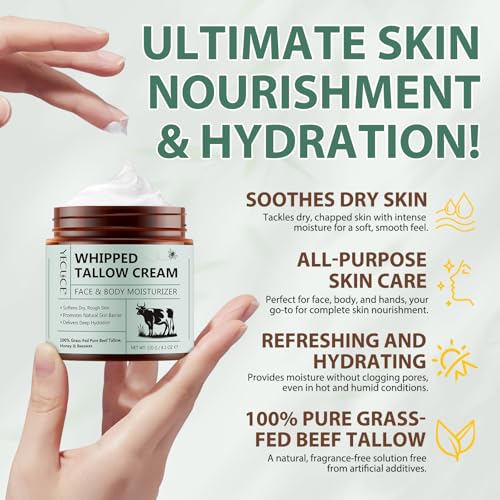 Beef Tallow for Skin, Tallow and Honey Balm, All Natural Moisturizer Hydrates and Nourishes the Skin, Deeply Moisturizing for Face & Body, Organic Grass Fed Whipped Beef Tallow & Honey Beeswax-4.2 Oz