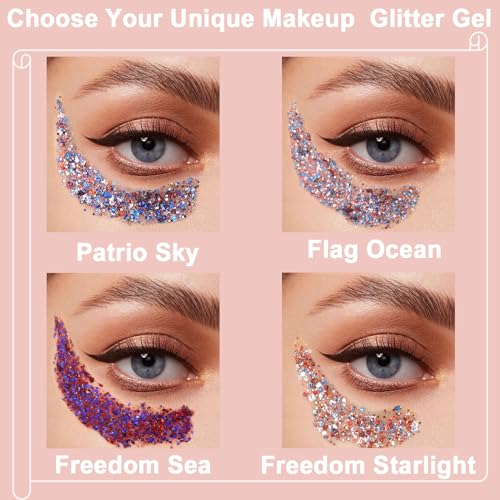 Boko 50ML Body Glitter Gel, Red White Blue 4th of July Chunky Glitter for Face Hair Body Makeup, Patriotic Glitter for USA Independence Day Memorial Day Veterans Day Flag Party Rave Accessories