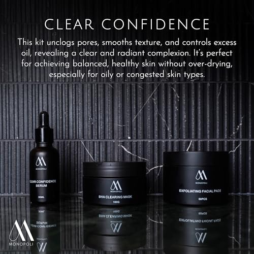 Monopoli Skin Clear Confidence Kit | Acne Serum, Exfoliating Face Pads & BHA Clearing Mask | Daily Skin Care Routine Perfect for Women and Men | Essentials for Women & Teens
