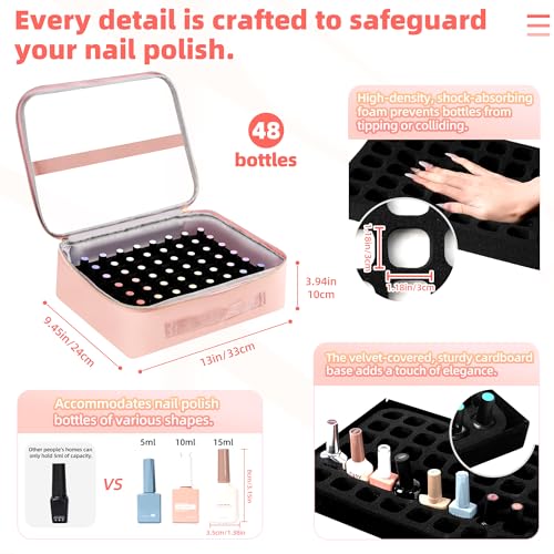 DERSTUEWE Nail Polish Organizer Case ? Waterproof Travel Bag with Hard Bottom ? Double Layer Nail Storage Bag with Adjustable Dividers & Nail Lamp Compartment (Pink)