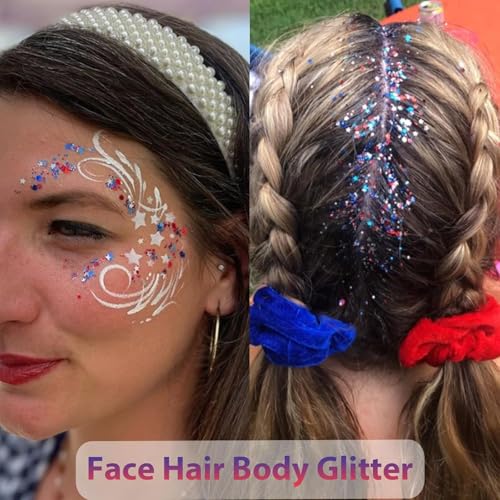 Patriotic Red White and Blue Body Glitter Stick,4th of July Accessories,Sparkling Face Hair Glitter for Fourth of July Outfit Women Kids,American Pride USA Flag Makeup for Independence Day