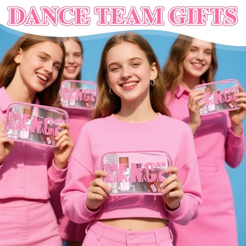 Kacctyen 24 Pcs Dance Makeup Bag Pink Team Gifts Bulk for Ballerina Lover 7 x 4.7 x 2.4 Dance Cosmetic Bag Snack PVC Case Clear Toiletry Zipper Pouch for Women Valentines Cheer Cheerleader Gift