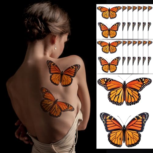 30 Pcs Large Orange Butterflies Monarch Stickers 15 Sheet Butterfly Makeup Halloween Dia De Los Muertos Mariposas Monarcas Temporary Tattoo for Women Face Eye Day Of The Dead Tattoos