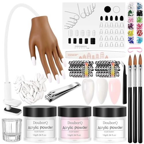 Practice Hand for Acrylic Nails, Acrylic Nail Training Mat , Manicure Trainng Hand Nail Kit for Beginners,Movable Nail Maniquin Hand with 50PCS Nail Tips,Acrylic powder, Brush and Clipper(Brown)