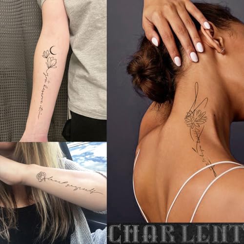 Temporary Tattoos for Women Girls - 45 Pcs Line Flower Words Sketch Realistic Long Last Fake Tattoos Waterproof Minimal Line Art Tattoos for Arm Backbone Leg Body