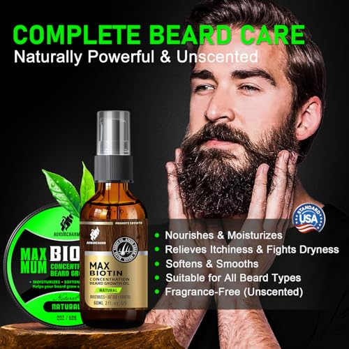 2 Pack Biotin Beard Growth Kit for Men ? Unscented Beard Oil & Balm ? Beard Care Set for Growth, Softening & Styling ? Gift for Father¡¯s Day & Christmas