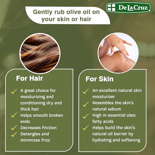De La Cruz Pure Olive Oil - Natural Expeller Pressed Olive Oil for Hair and Skin - Lightweight Body Oil for Dry Skin 8 Fl Oz