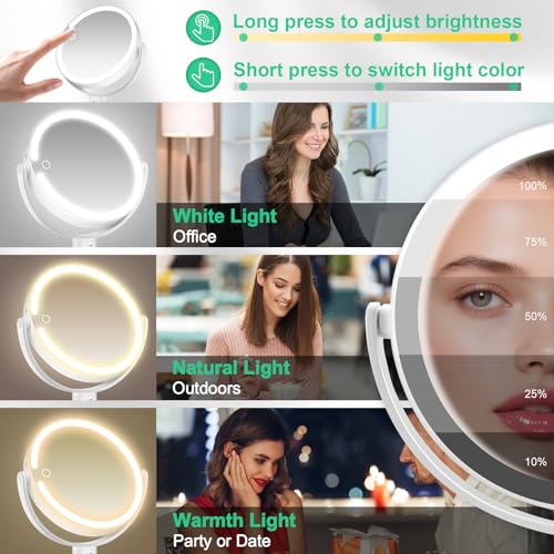 20X/1X Magnifying Makeup Mirror with Lights, Double-Sided Home Vanity Mirror with 3 Color Brightness Adjustable, 360¡Æ Rotation, Adjustable Height, Rechargeable, Phone Holder and Storage Tray
