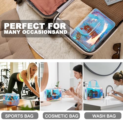 TPU Clear Makeup Bag for Women Waterproof Star Make Up Bag Toiletry Bag Travel Durable Cosmetic Bag Large Cute Tote Bag Organizer Makeup Pouch, Rainbow Blue