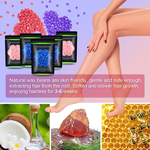 Hard Wax Beans 17.5Oz, Hair Removal Body European Brazilian Pearl Waxing Beads For Women Men Include 10 Waxing Spatulas For Bikini, Eyebrow, Face, Armpit 5 Packs