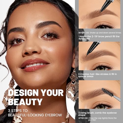 2-in-1 Dual Ended Microblading Eyebrow Pen & Eyebrow Brush, Waterproof 2-Fork-Tip & Precise Brush-Tip for Natural Hair-Like Brows, Perfect Eyebrows Make up,Last 24Hrs. (Deep brown)
