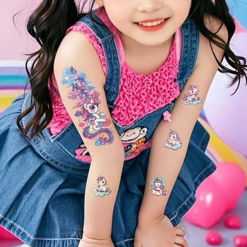 Glitter Unicorn Temporary Tattoos - 12 Sheets 120+ Styles Unicorn Mermaid Glitter Fake Tattoo Birthday Party Supplies Favors Q748