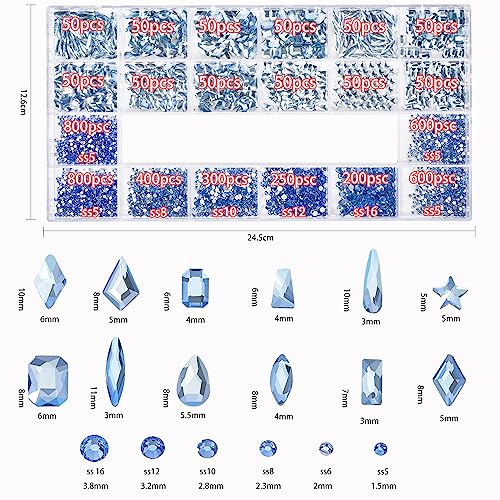 Nail Rhinestones - 4300pcs Light Blue Crystals, Multiple Shape Gems, Flat Back Rhinestones, with Kit and Glue Gel, for Nail Art Decoration