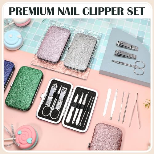 30 Sets Bulk Gifts for Women Manicure Set Bulk Professional Nail Care Kit Nail Clippers Kit 8 in 1 Stainless Steel Pedicure Set with Travel Case for Women Men(Fine Glitter)