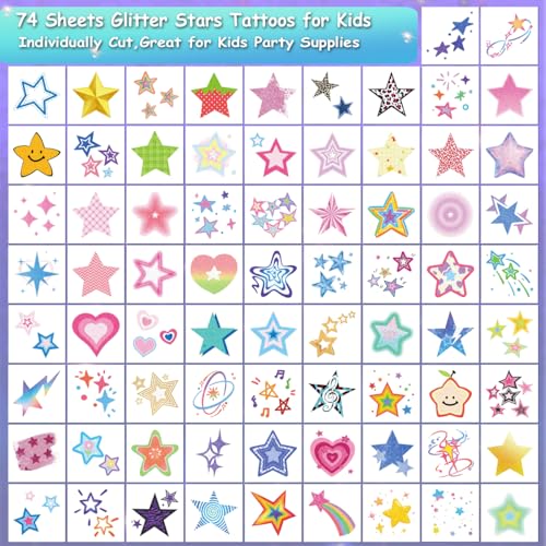 Glitter Stars Temporary Tattoos for Kids - 74 Individually Sheets | Waterproof & Easy Peel | Perfect for Kids Birthday Party Favors, School Rewards