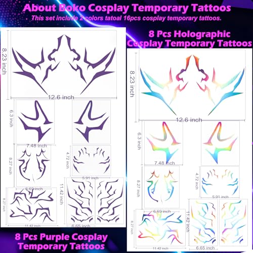 Boko Movie Anime Purple Temporary Tattoos Dance Cosplay, Holographic Glitter Temporary Tattoos, Full Body Cosplay Tattoo Sticker for Themed Party Music Festivals Halloween Prop Accessories (16Pcs)