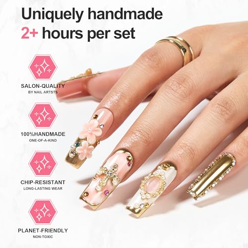 Opulent Handmade Press on Nails - Intricate Handmade Square False Nails with Luxury Artisan Design for Women Wedding Party Special Events