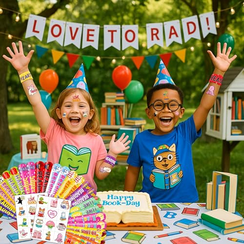 48PCS Love to Read Party Set - 24PCS Temporary Tattoos & 24PCS Slap Bracelets - Fun Book-Themed Birthday Supplies, Baby Shower Gifts, Classroom Rewards & Reading Incentives for Kids (Boys & Girls)