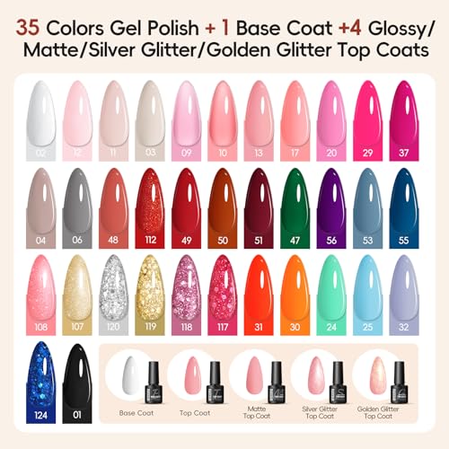 Peacecolor 65PCs Gel Nail Polish Kit with U V Light and Drill, 35 Colors Gel Nail Kit 5PCs Matte/Glossy/Glitter Top Base Coat Nail Rhinestones Manicure Tools Starter Kit Gifts for Women DIY