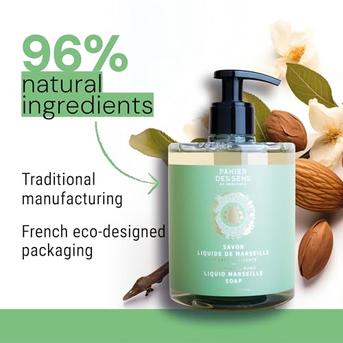 Panier des Sens - Soothing Almond Moisturizing Liquid Hand Soap - French Provence Hand Wash - Savon de Marseille Soap with Olive Oil - Refillable Bottle - 96% Natural Ingredients - 16.9 Fl Oz