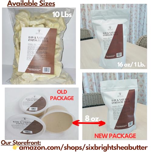 Sixbright Unrefined Cocoa Butter ?16 oz | 100% Pure, Food Grade- Natural Moisturizer for Dry Skin, Fades Stretch Marks & Scars ,For Skin, Hair, DIYs. Chocolate Aroma