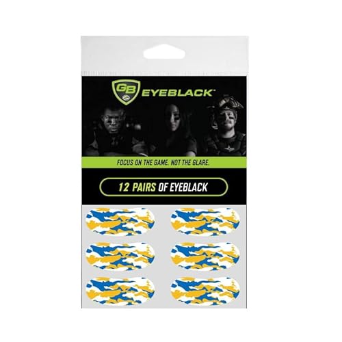 12 Pairs Peel & Stick Athletic Eyeblack, Eye Black Baseball, Eye Black Lacrosse, No Mess (Blue & Yellow Camo)
