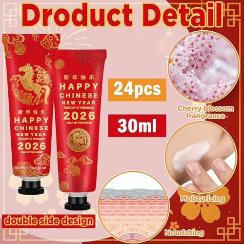 Loopeer 24 Pcs 2026 Chinese New Year Gift Bulk Mini Hand Cream Lunar Year of The Horse Travel Size Hand Lotion Moisturizing Thank You Gift for Women Employee Coworker CNY Party Supplies