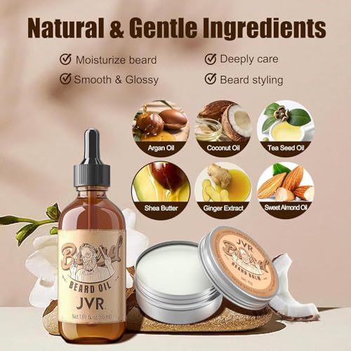 JVR Beard Grooming Kit for Men, Beard Care Kit Includes Oil and Balm,100% Boar Brush Vegan Just for Men Mustache, Perfect Gifts for Him Man Dad Boyfriend