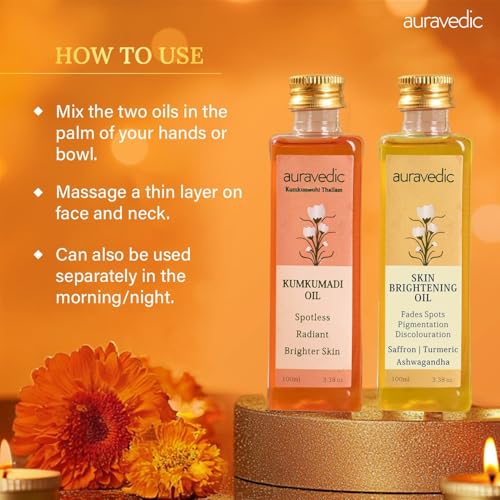 Auravedic Kumkumadi Oil & Skin Oil Combo | Saffron, Turmeric and Winter Cherry Infused Face Moisturizer | Hydrating & Moisturizing | for All Skin Types | 3.38Fl Oz (100ml)