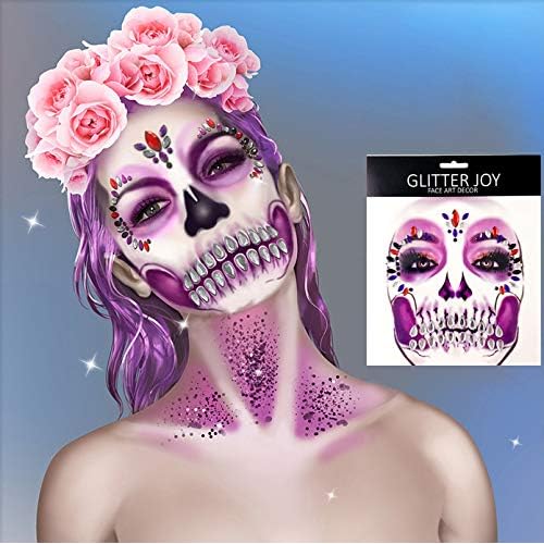 4 Packs PADOUN Face Gems Jewels, Day of The Died Skull Temporary Rhinestone Face Tattoo, Face Stickers Gems Jewels for Halloween