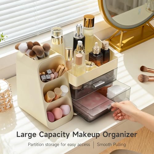 Delamu Big Makeup Organizer with Drawers, Spacious Cosmetic Display Caddy with Makeup Brush Holder, Bathroom Countertop Organizer for Vanity, Dorm, Desk, Beige