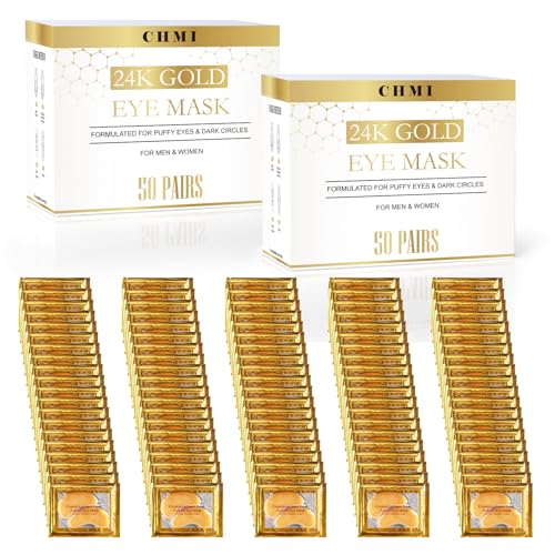 CHMI Under Eye Patches (100 Pairs) - 24K Gold Eye Patches for Puffy Eyes, Dark Circles, Eye Bags and Wrinkles, Collagen Skin Care Products, Beauty & Personal Care