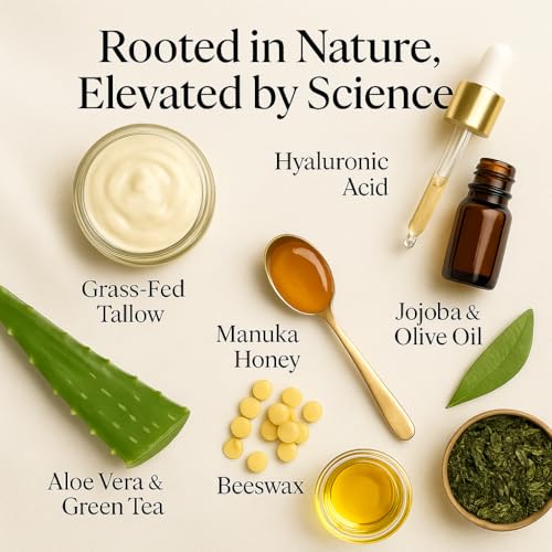 Beef Tallow Face Moisturizer ? Whipped Tallow & Honey Balm with Hyaluronic Acid, Manuka Honey, Aloe & Green Tea ? Unscented Natural Skin Cream for Dry or Sensitive Skin ? 4oz