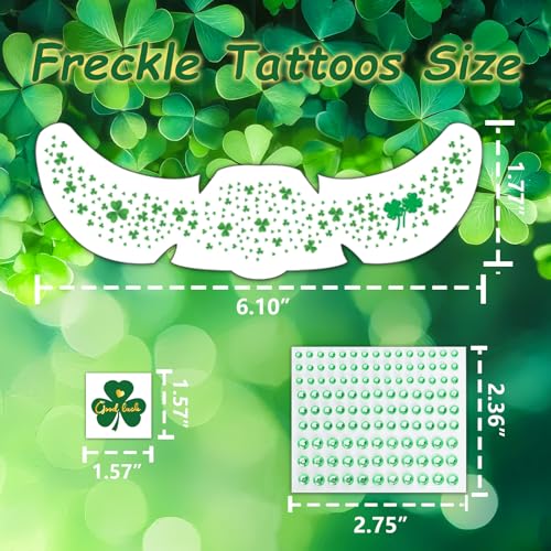 Glitter Freckles Face Tattoo, St Patrick's Day Glitter Shamrock Temporary Tattoos with Green Face Gems, Faux Freckles Saint Patricks Day Accessories Makeup Art Decorations Gift for Women